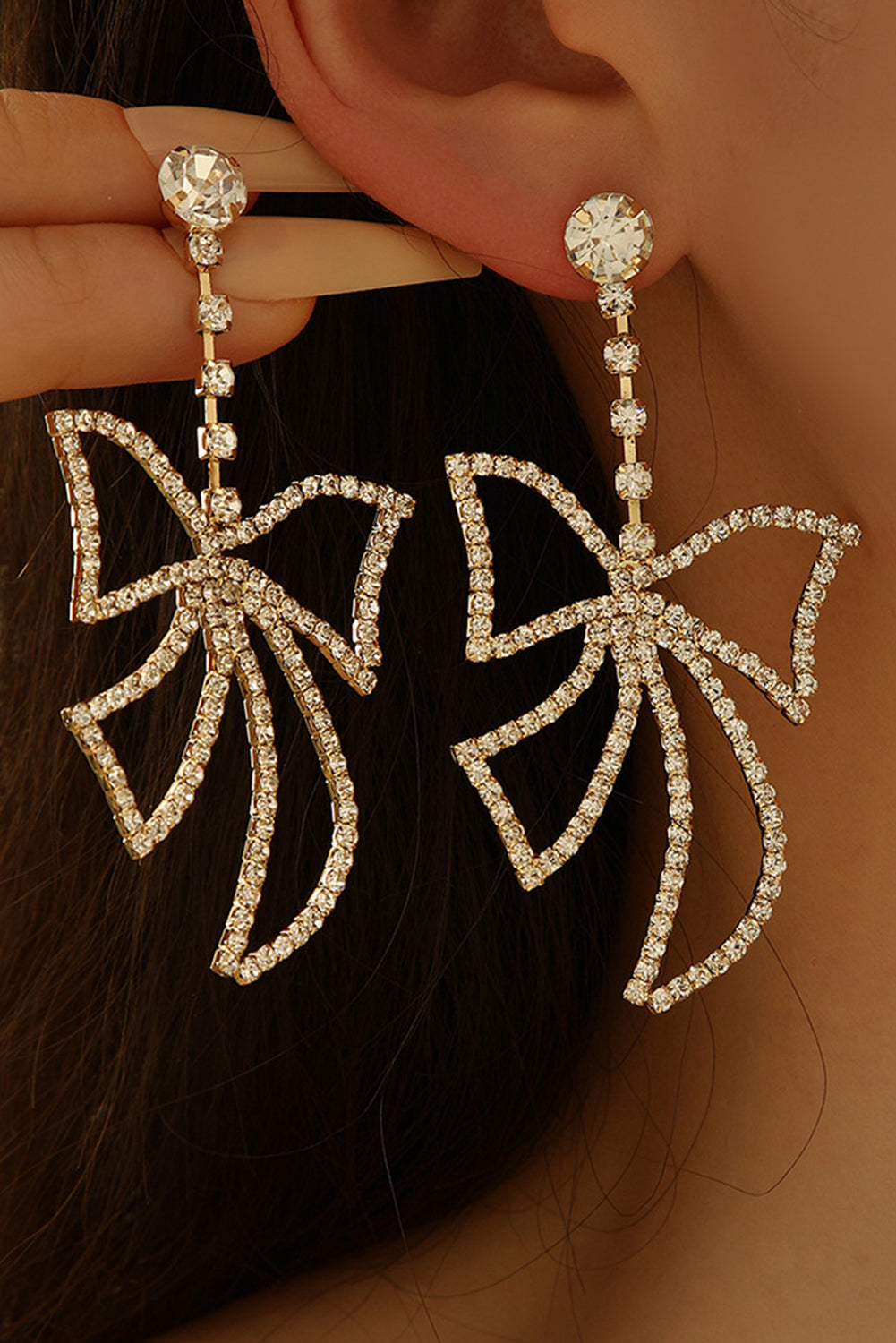 Gold Rhinestone Large Bow Pendant Earrings