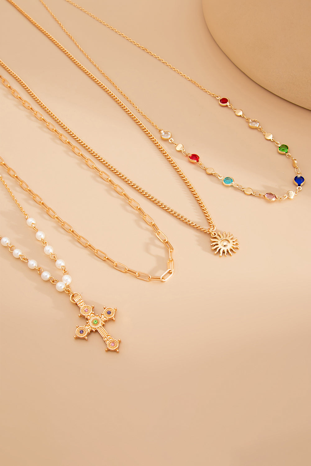 Gold 4pcs Cross Pendant Rhinestone Pearl Chain Necklace Set
