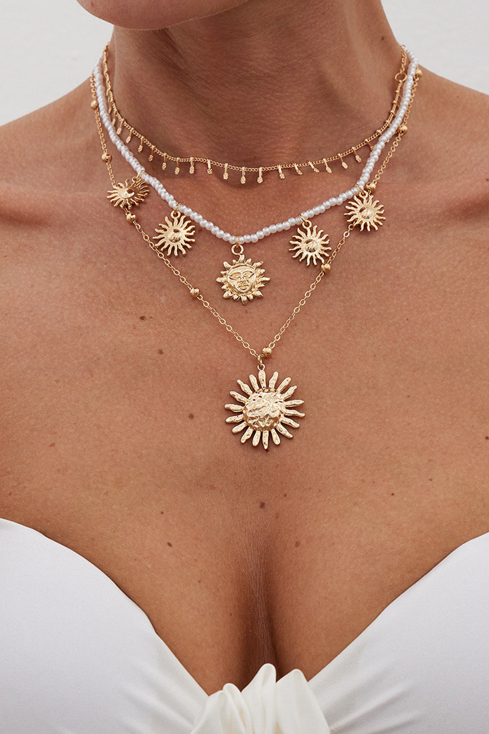 Gold Sun Pendant Pearl Chain Necklace Set
