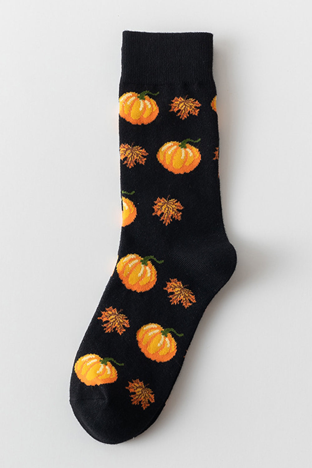 Black Pumpkin & Leaf Fall Pattern Cotton Crew Socks