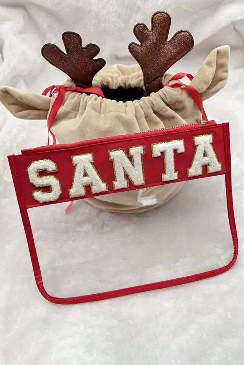 Red SANTA Letter Graphic Contrast Trim Clear Christmas Makeup Bag