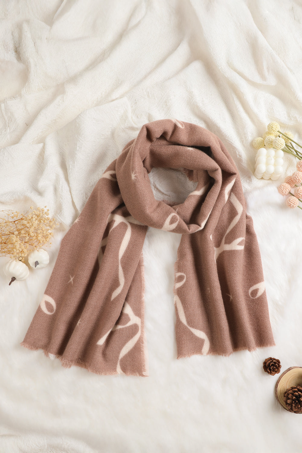 Parchment Bow Star Print Raw Edge Lightweight Scarf