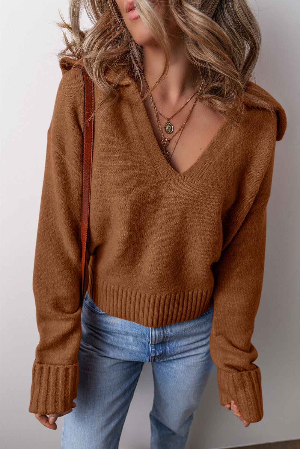 Chestnut Ribbed Edge Collared V Neck Loose Fit Sweater