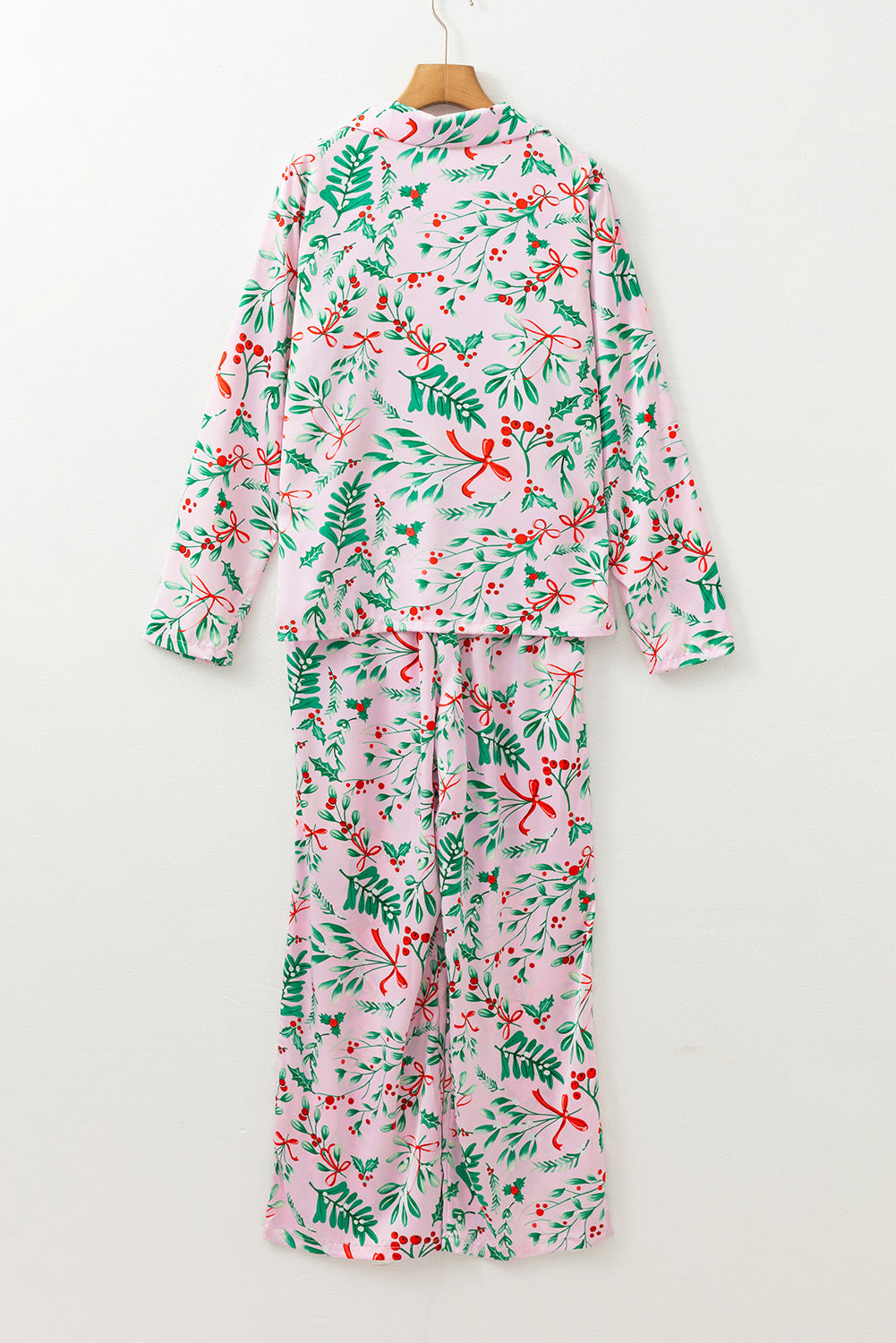 Pink Plants Print Plush Edge Collar Shirt Pants Pajama Set