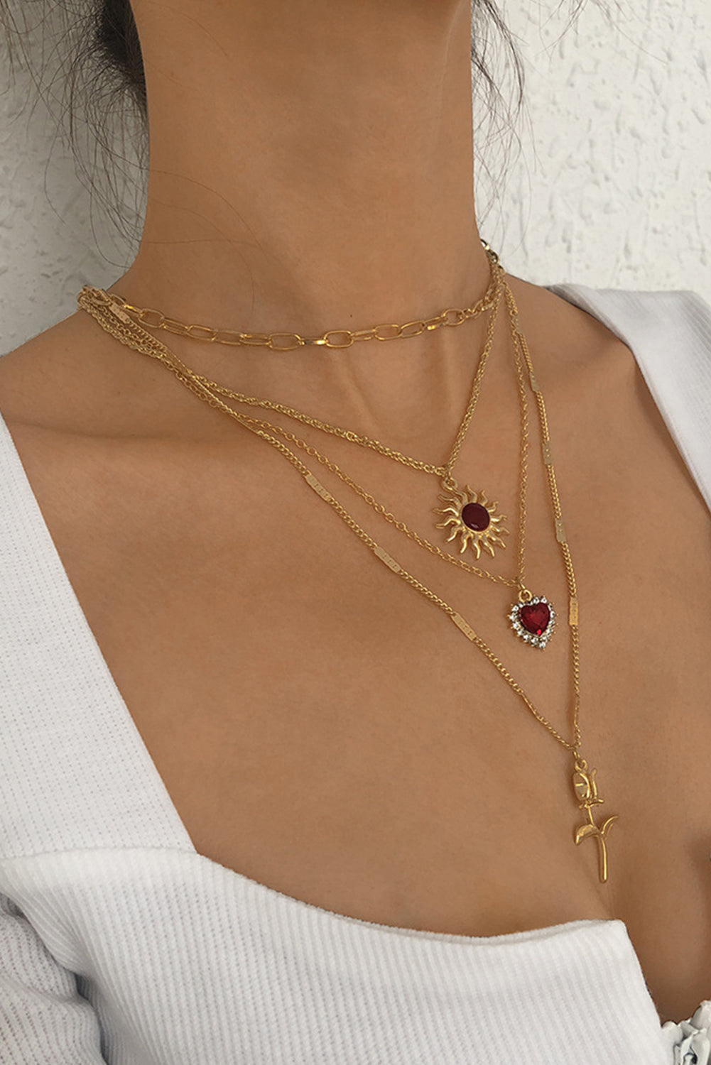 Gold Vintage Sun Heart Flower Pendant Charm Multi Layer Necklace