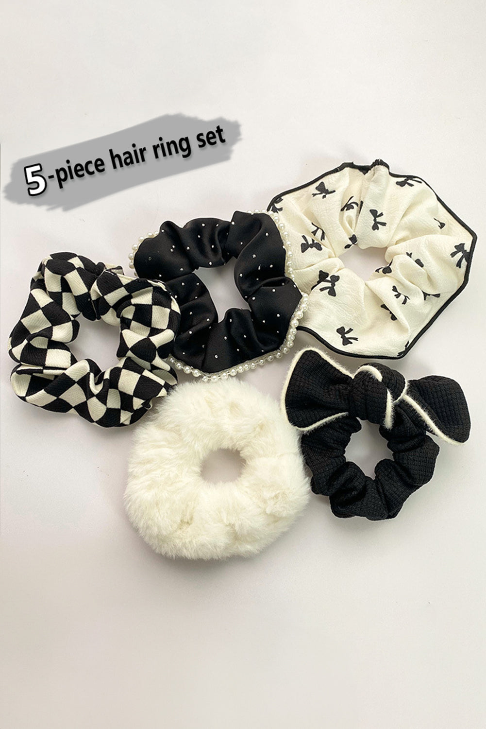 Black Checkered Pearl Trim Bow Pattern Plush Mix Scrunchie 5pcs