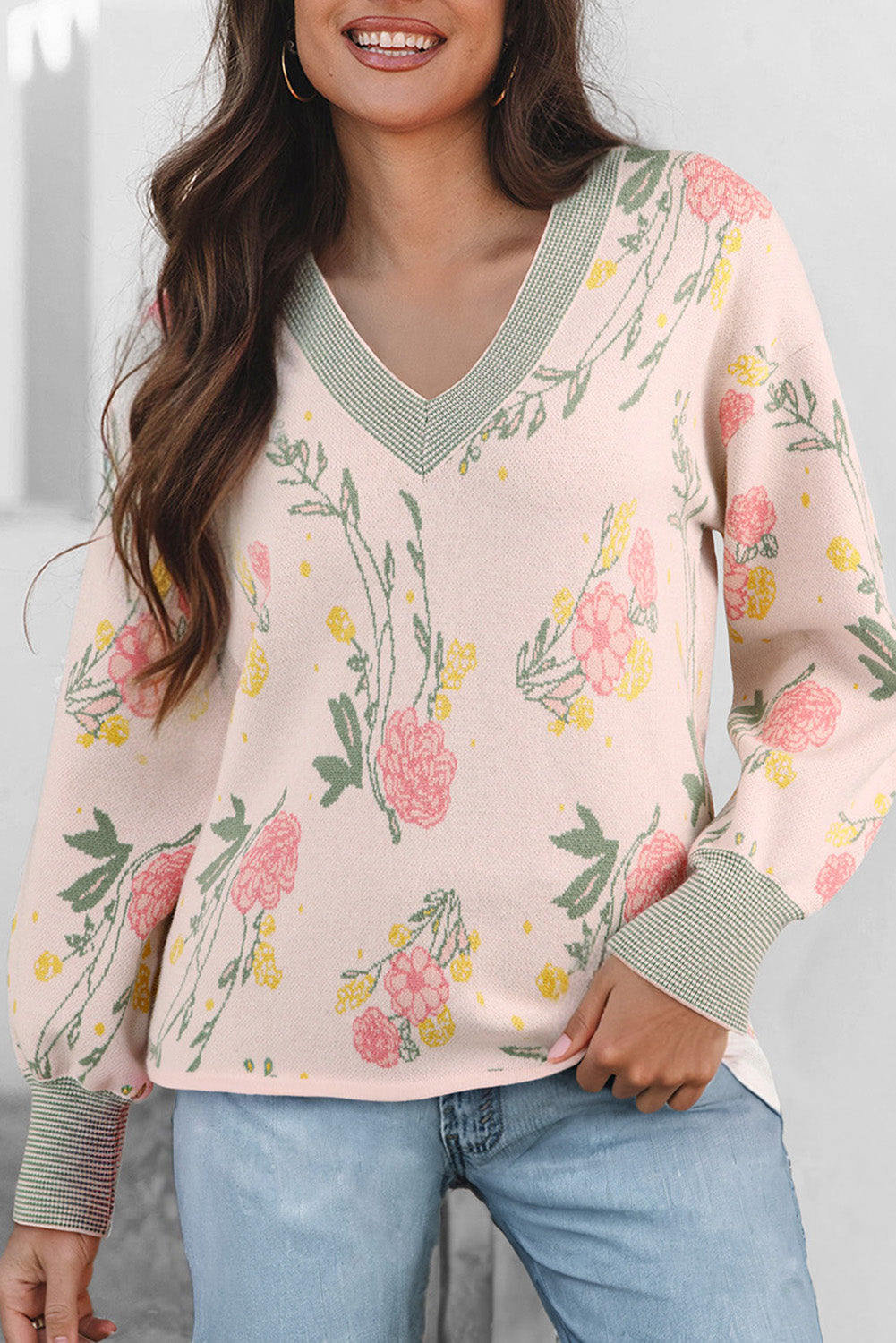 Pink Floral Striped Colorblock V Neck Loose Sweater