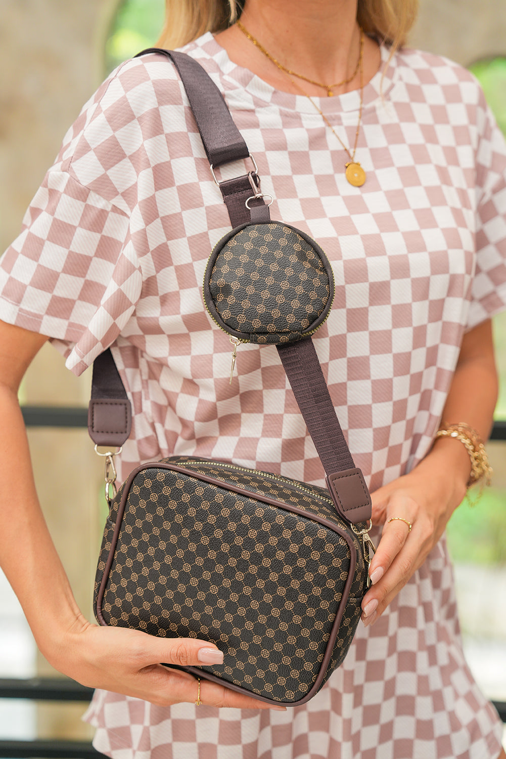 Coffee Geometric Pattern PU Leather Shoulder Bag With Coin Purse