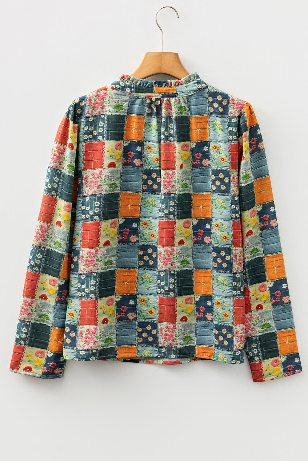 Sky Blue Checkered Floral Patchwork V Neck Blouse