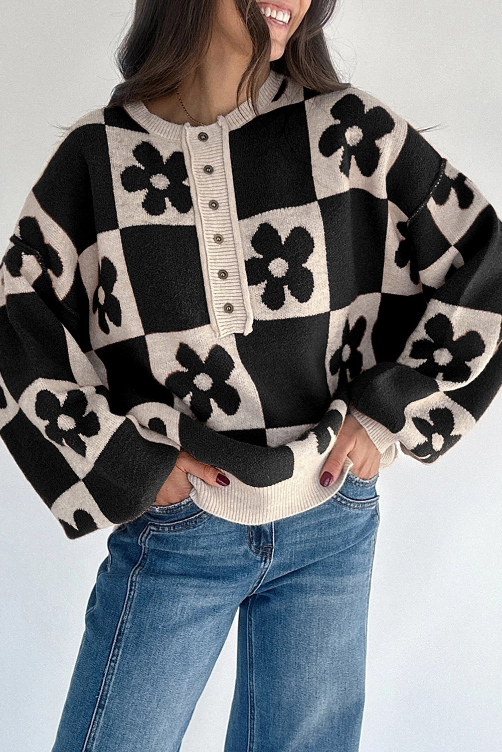 Black Flower Colorblock Checkered Henley Sweater