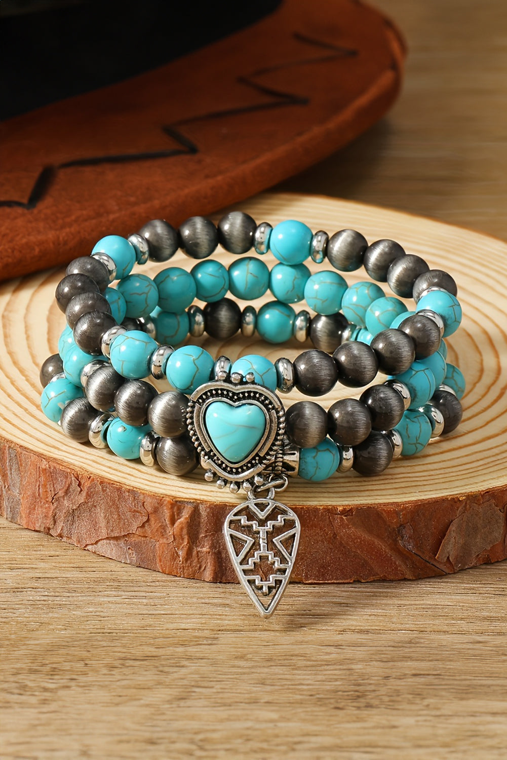 Turquoise Geometric Pendant Heart Beaded Bracelet Set