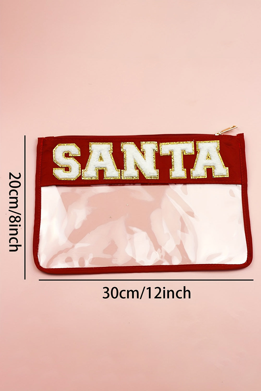 Red SANTA Letter Graphic Contrast Trim Clear Christmas Makeup Bag