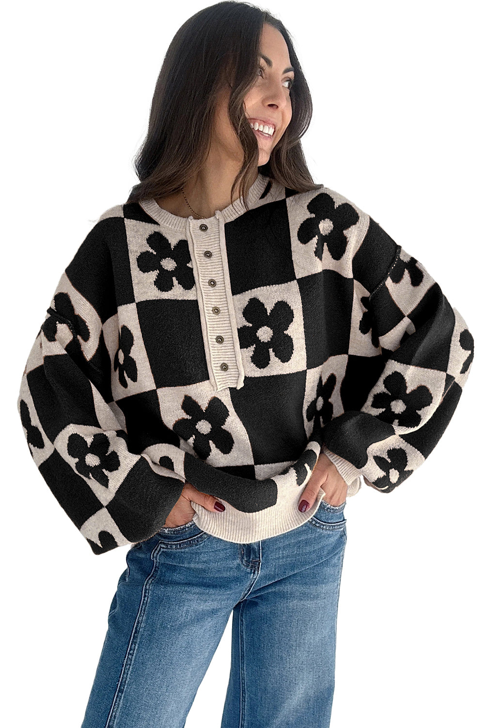 Black Flower Colorblock Checkered Henley Sweater