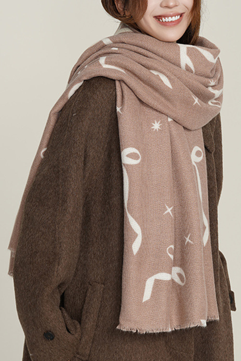Parchment Bow Star Print Raw Edge Lightweight Scarf