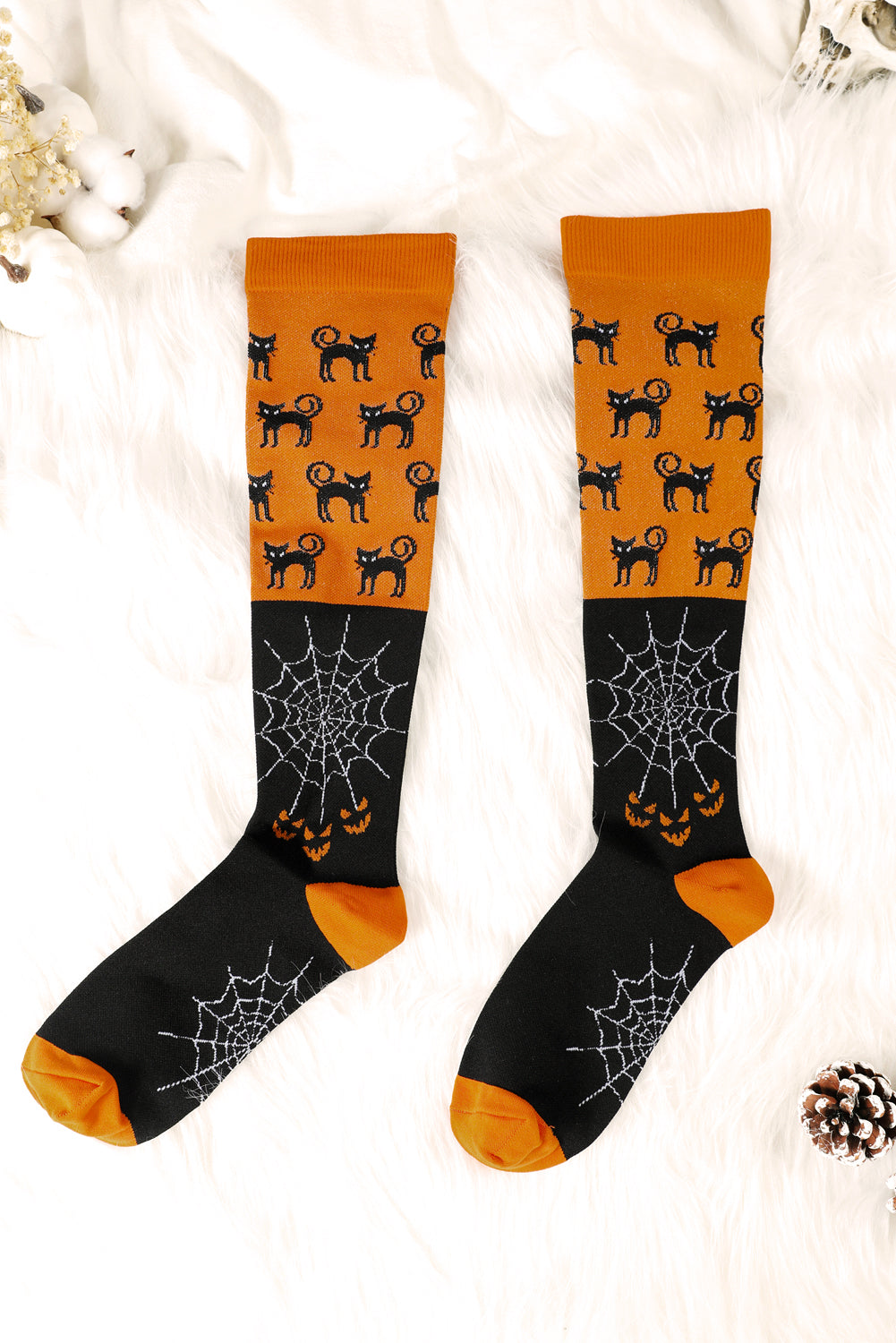 Orange Funny Cat & Web Pattern Halloween Compression Socks