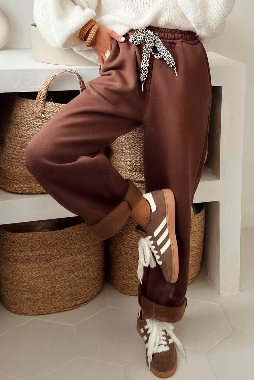 Coffee Leopard Drawstring Winter Fleece Pants