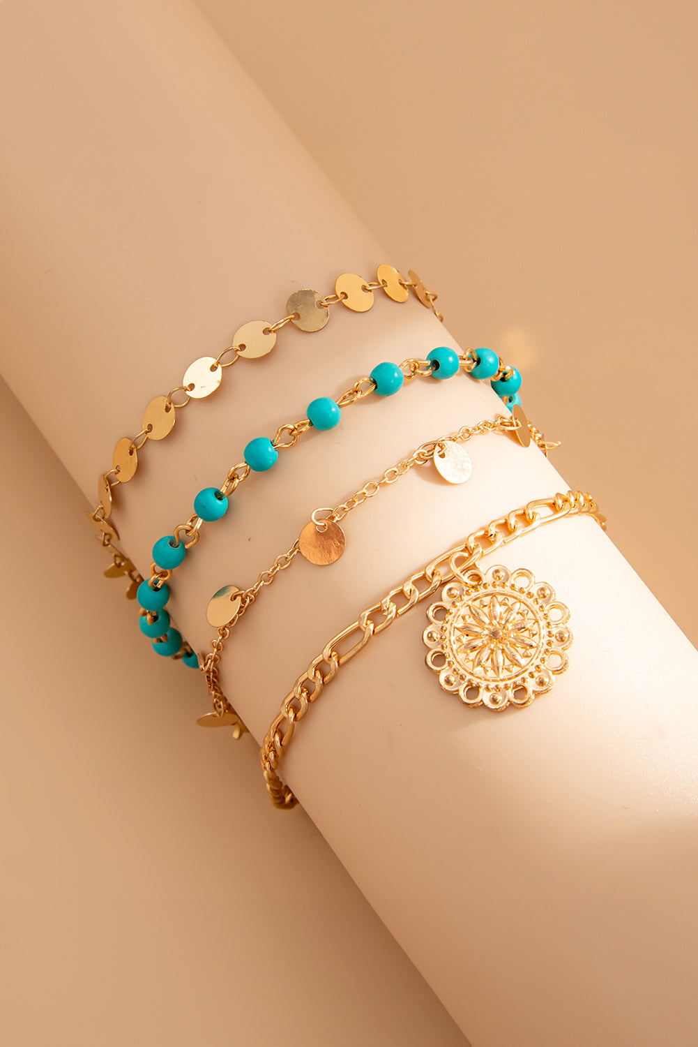 Gold 4pcs Pendant Turquoise Bead Bracelet Set