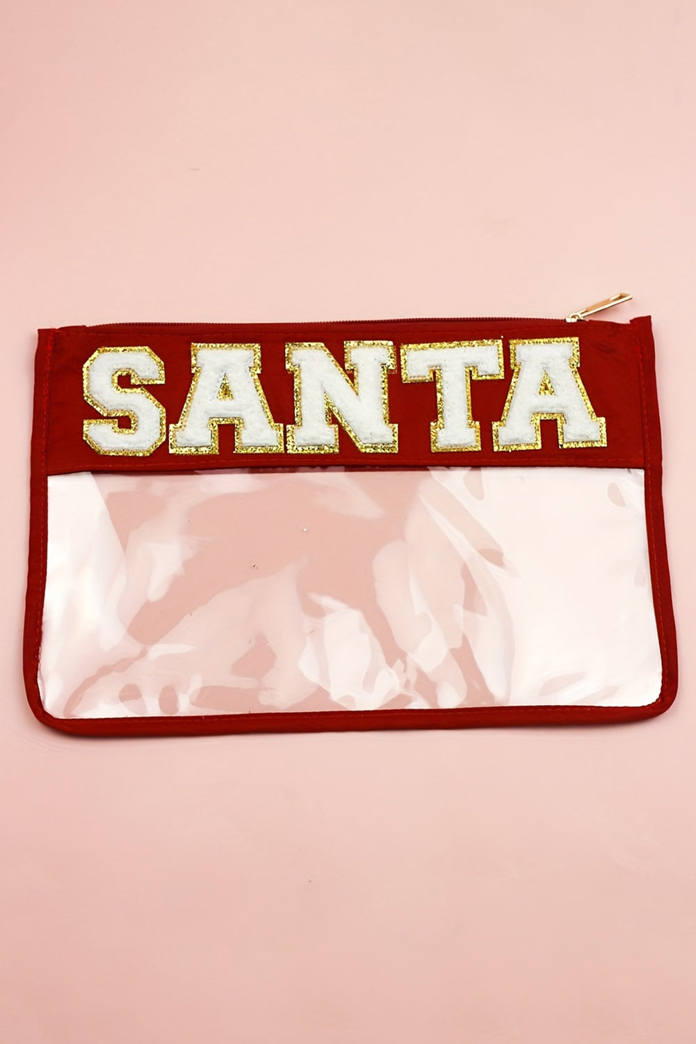 Red SANTA Letter Graphic Contrast Trim Clear Christmas Makeup Bag