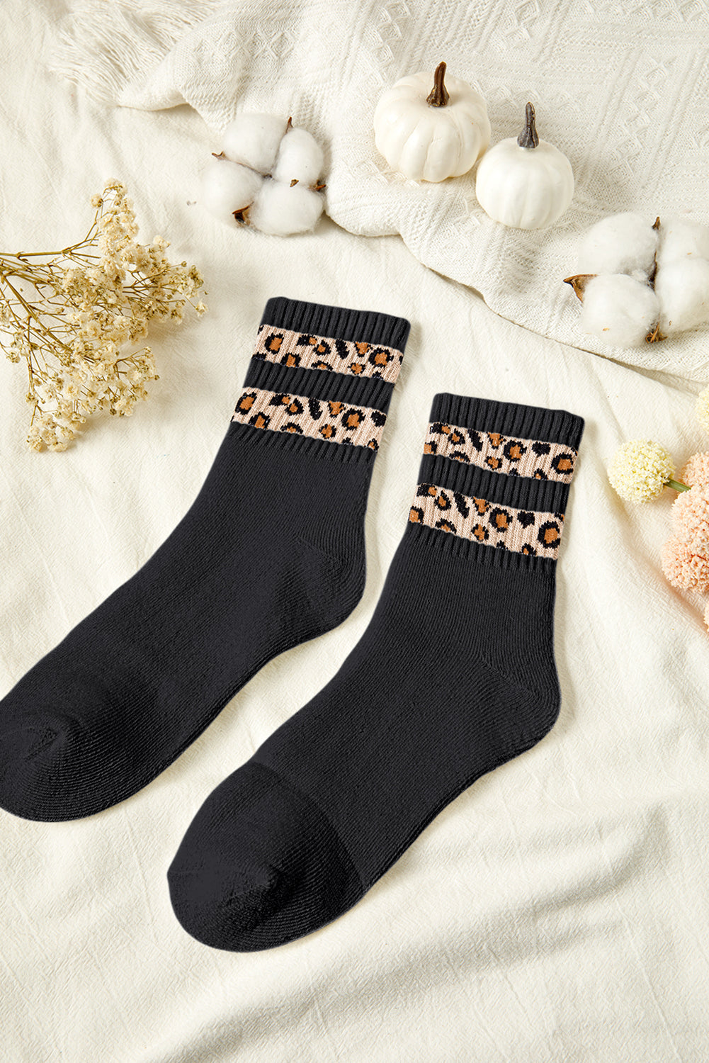 Black Leopard Double Stripe Crew Socks