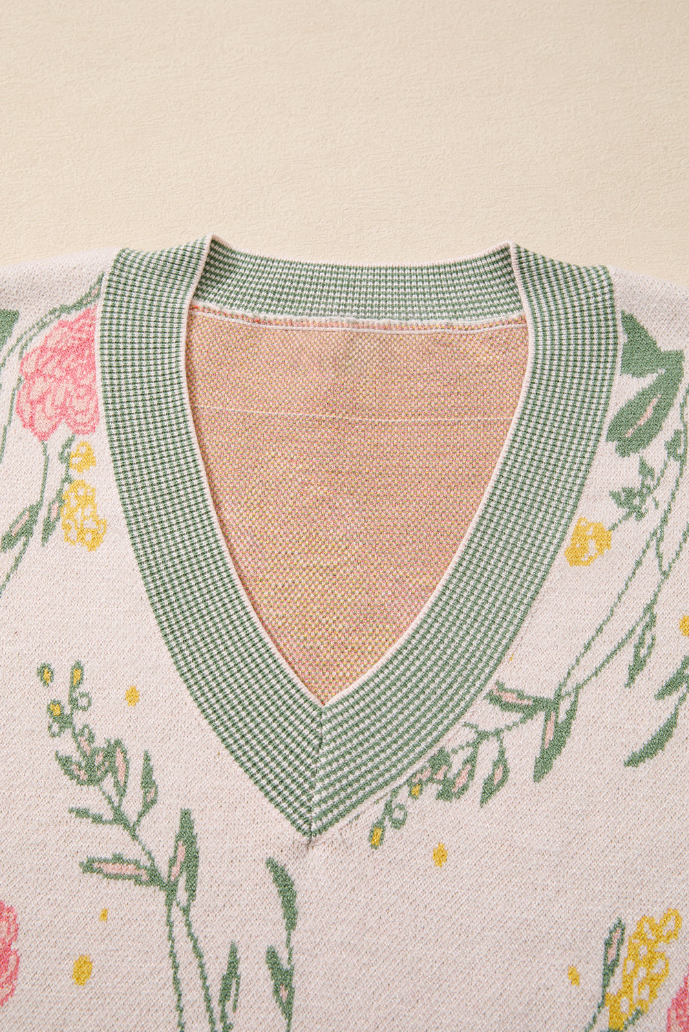 Pink Floral Striped Colorblock V Neck Loose Sweater