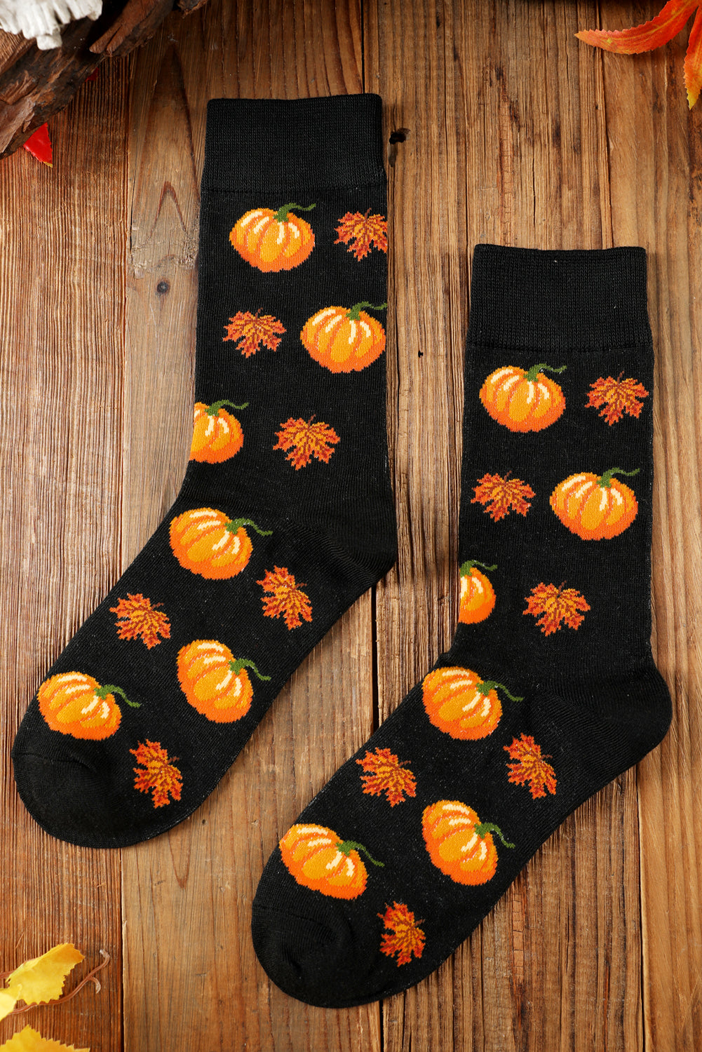 Black Pumpkin & Leaf Fall Pattern Cotton Crew Socks