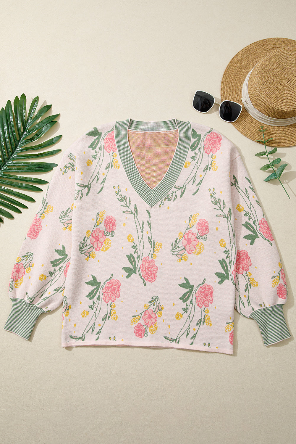 Pink Floral Striped Colorblock V Neck Loose Sweater