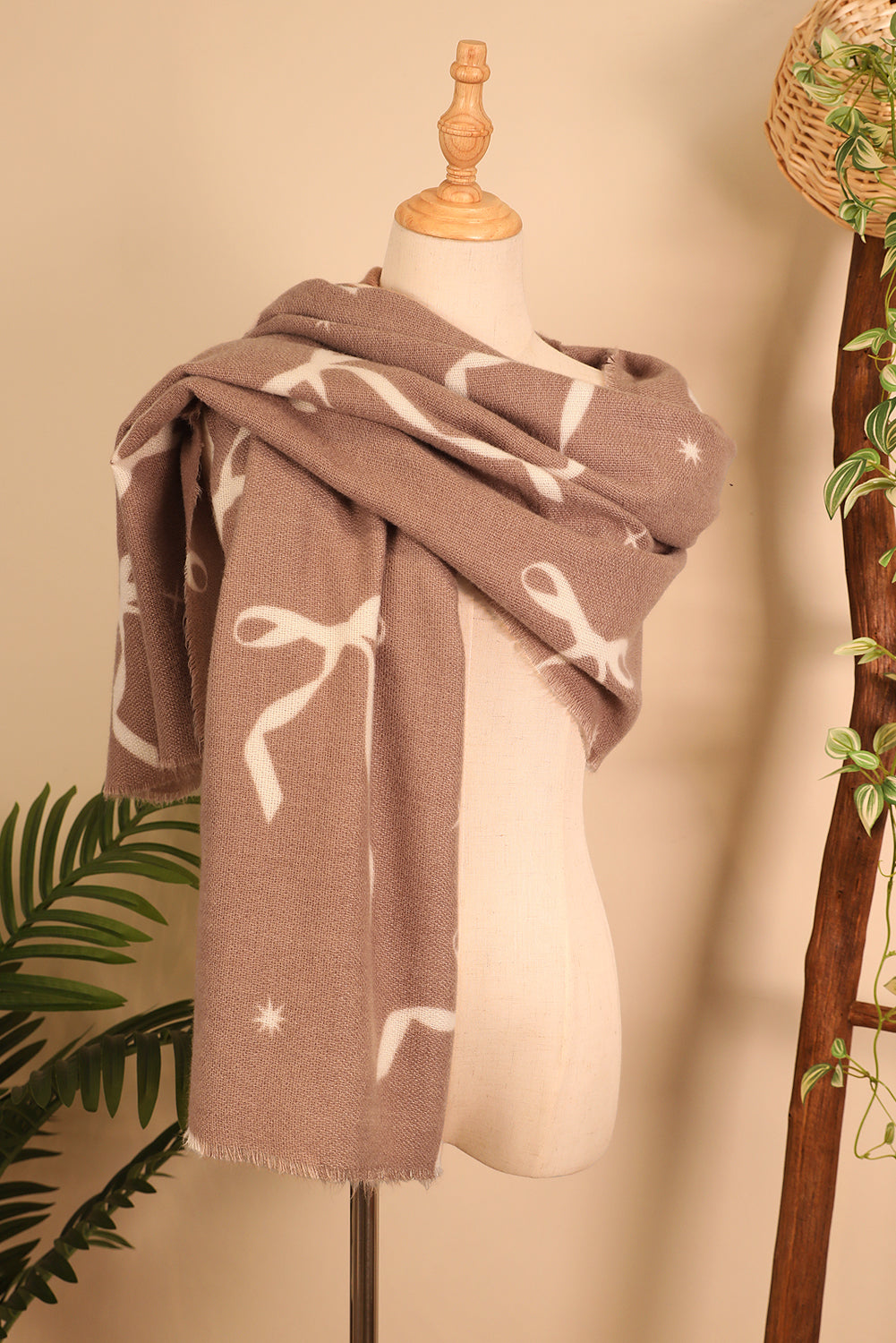 Parchment Bow Star Print Raw Edge Lightweight Scarf