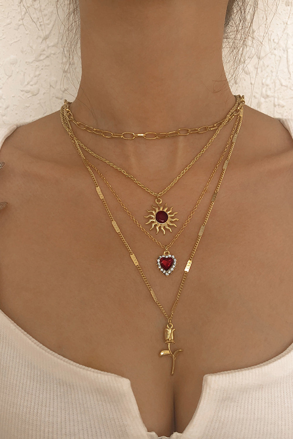 Gold Vintage Sun Heart Flower Pendant Charm Multi Layer Necklace