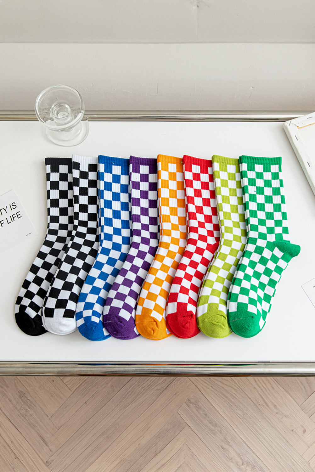 Black Checkerboard Print Streetwear Crew Socks