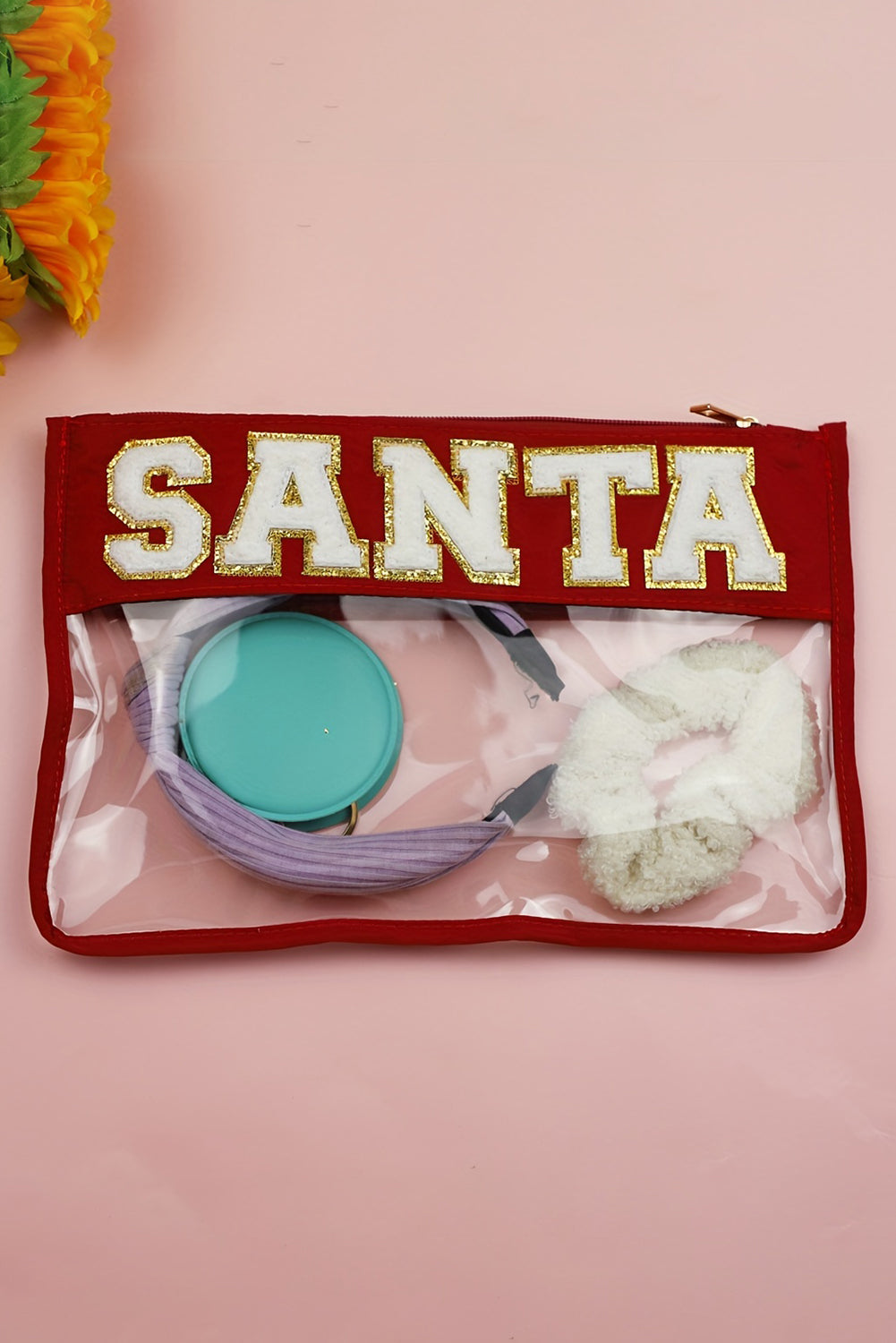 Red SANTA Letter Graphic Contrast Trim Clear Christmas Makeup Bag