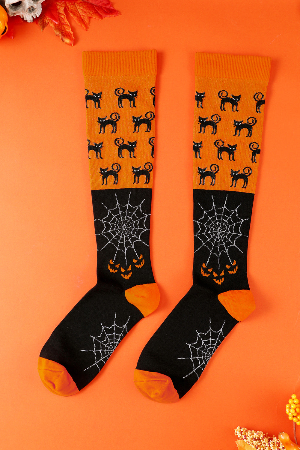Orange Funny Cat & Web Pattern Halloween Compression Socks
