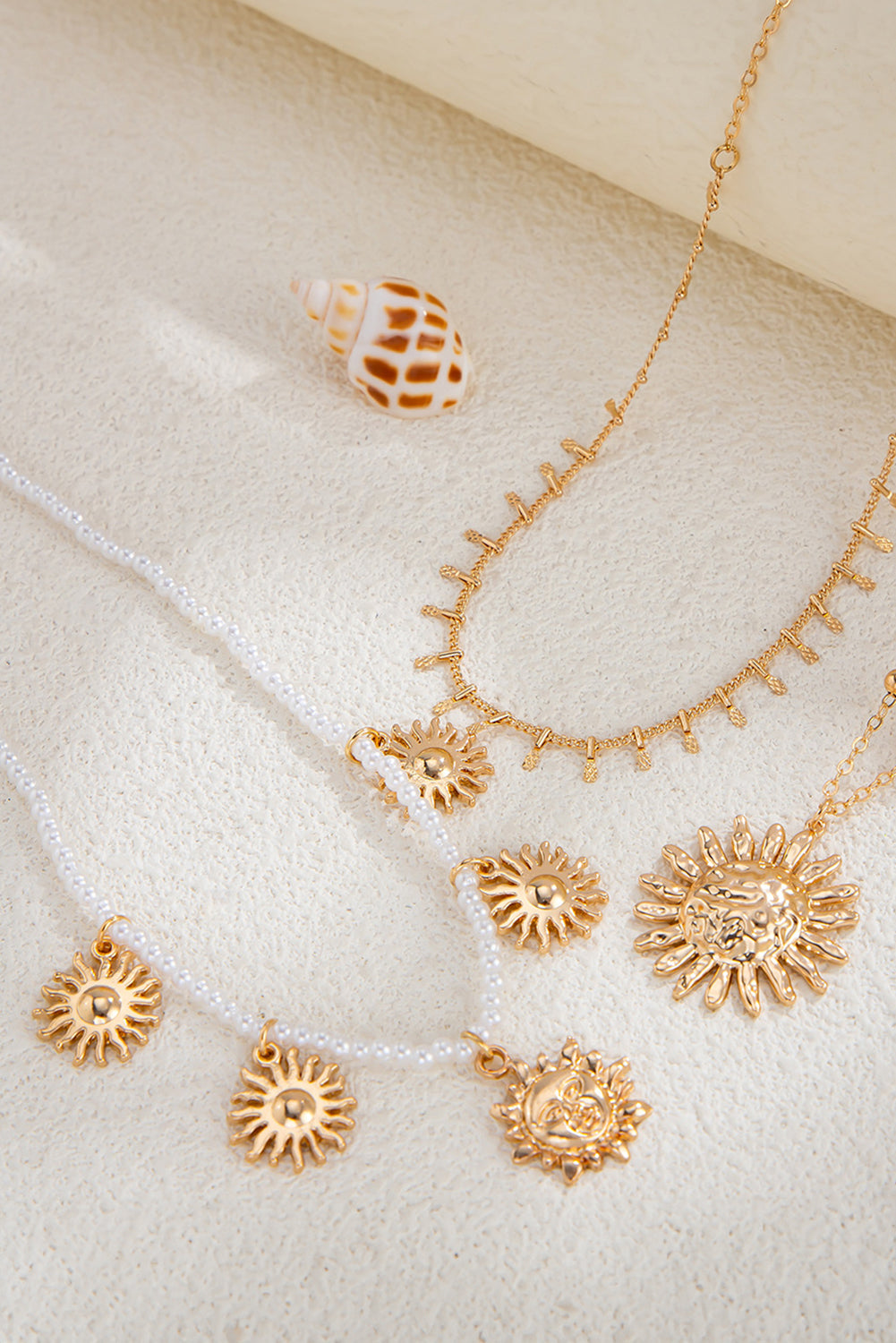 Gold Sun Pendant Pearl Chain Necklace Set