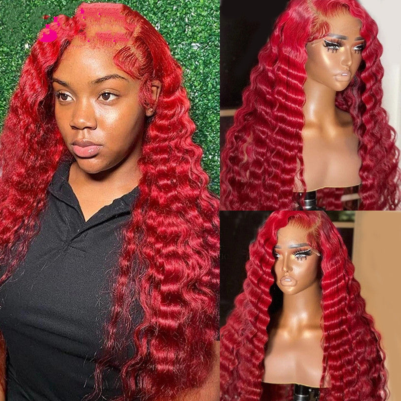 Red Deep Wave Human Hair Wig Real