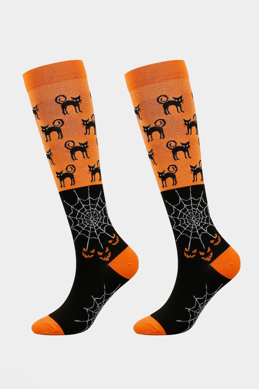 Orange Funny Cat & Web Pattern Halloween Compression Socks