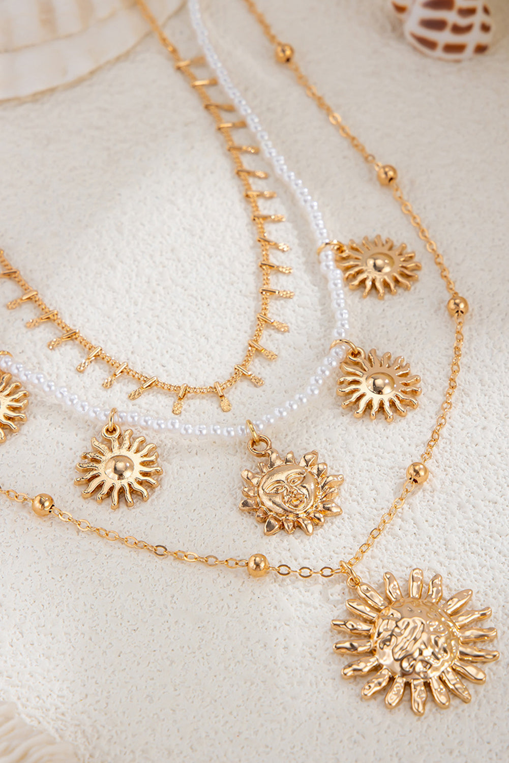 Gold Sun Pendant Pearl Chain Necklace Set