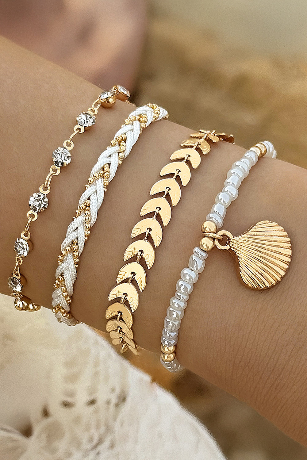 Gold Rhinestone and Pearl Ocean Theme Bracelet Set