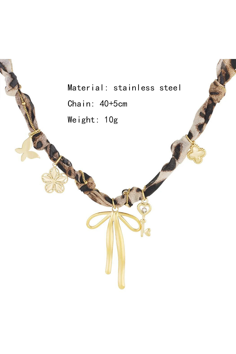 Gold Heart Flower Bow Charm Leopard Scarf Necklace