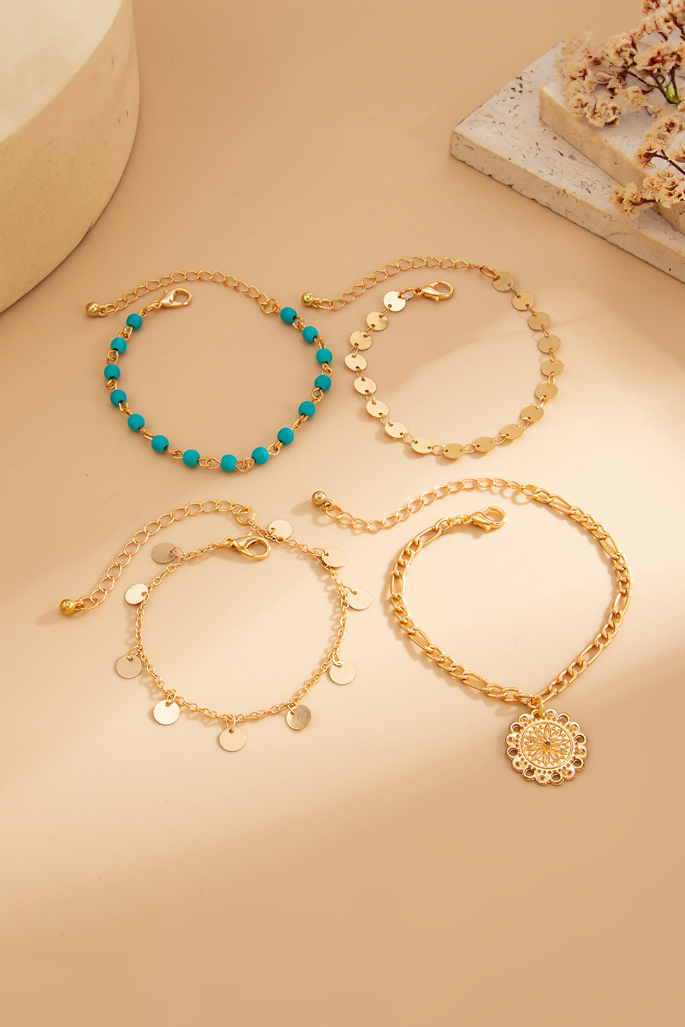 Gold 4pcs Pendant Turquoise Bead Bracelet Set