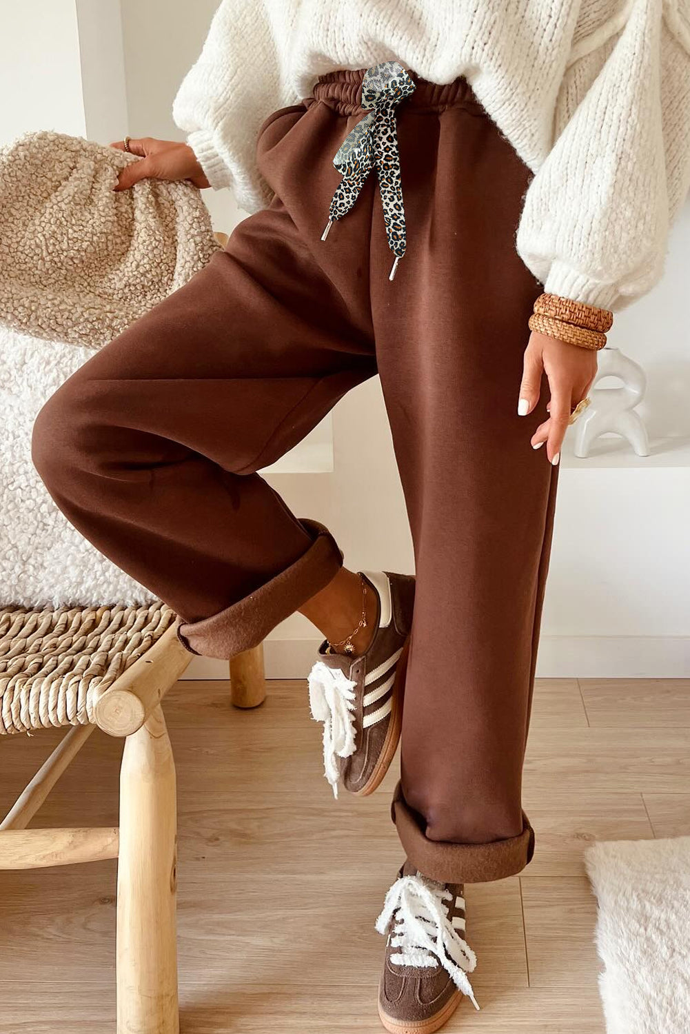 Coffee Leopard Drawstring Winter Fleece Pants