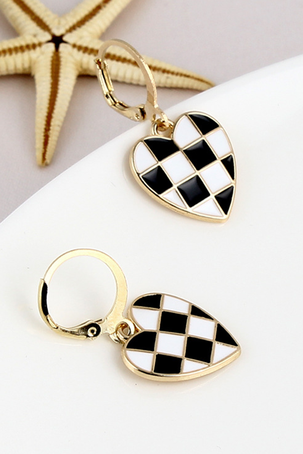 Black Checkered Heart Shaped Hoop Dangle Earrings