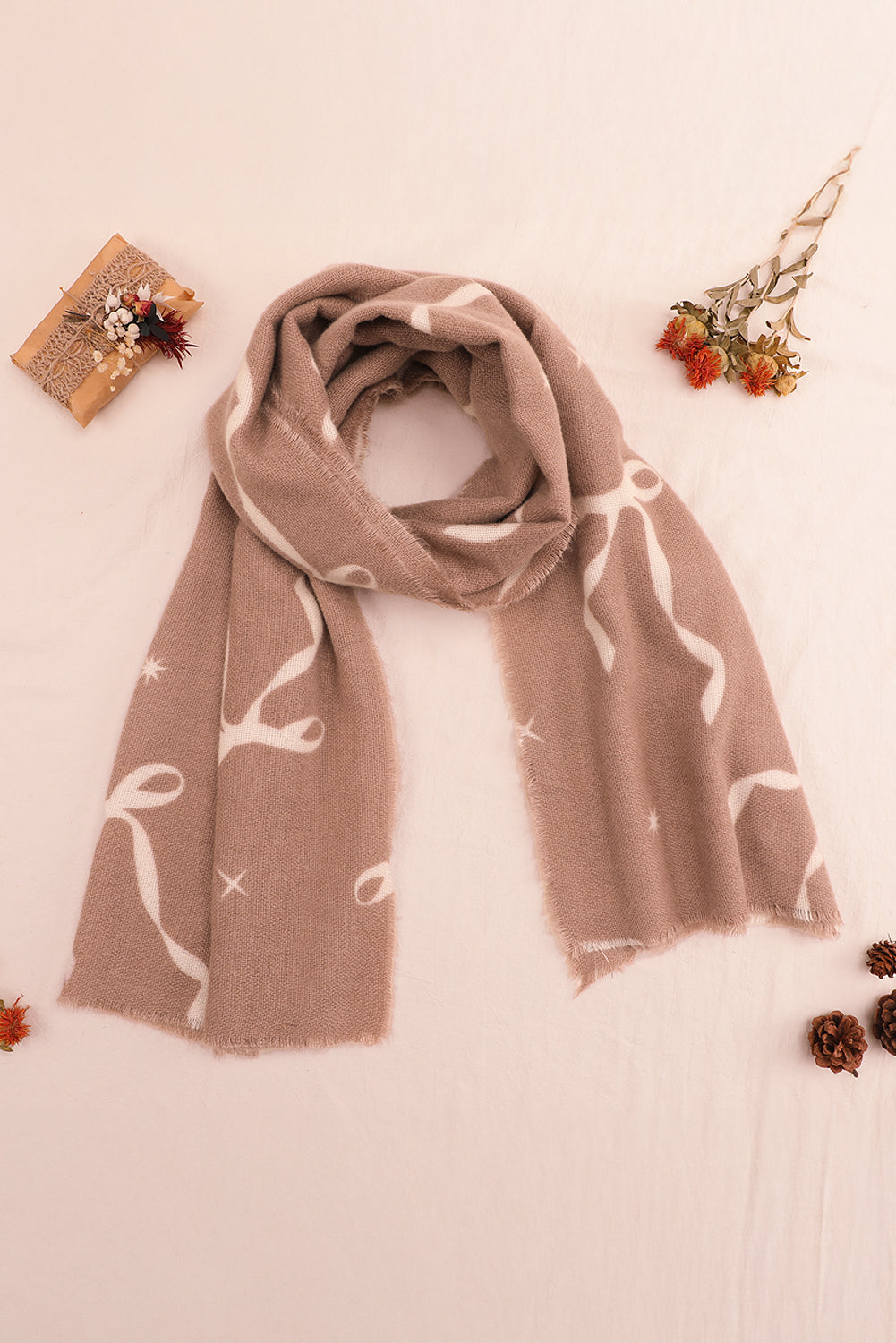 Parchment Bow Star Print Raw Edge Lightweight Scarf
