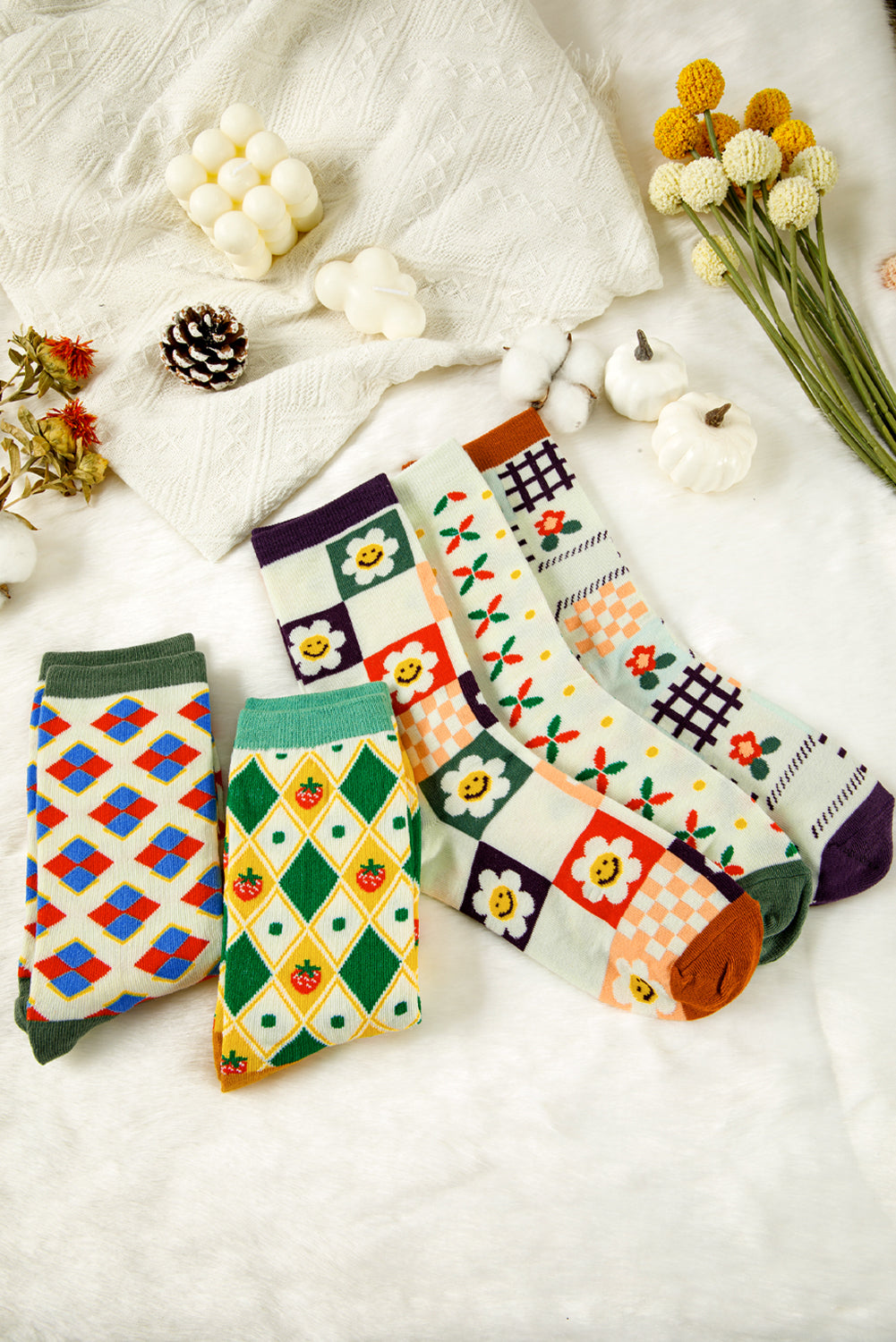 White Plaid Floral Cotton Crew Socks