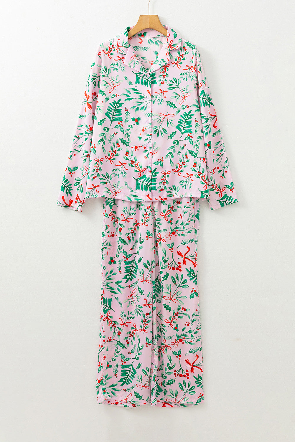 Pink Plants Print Plush Edge Collar Shirt Pants Pajama Set