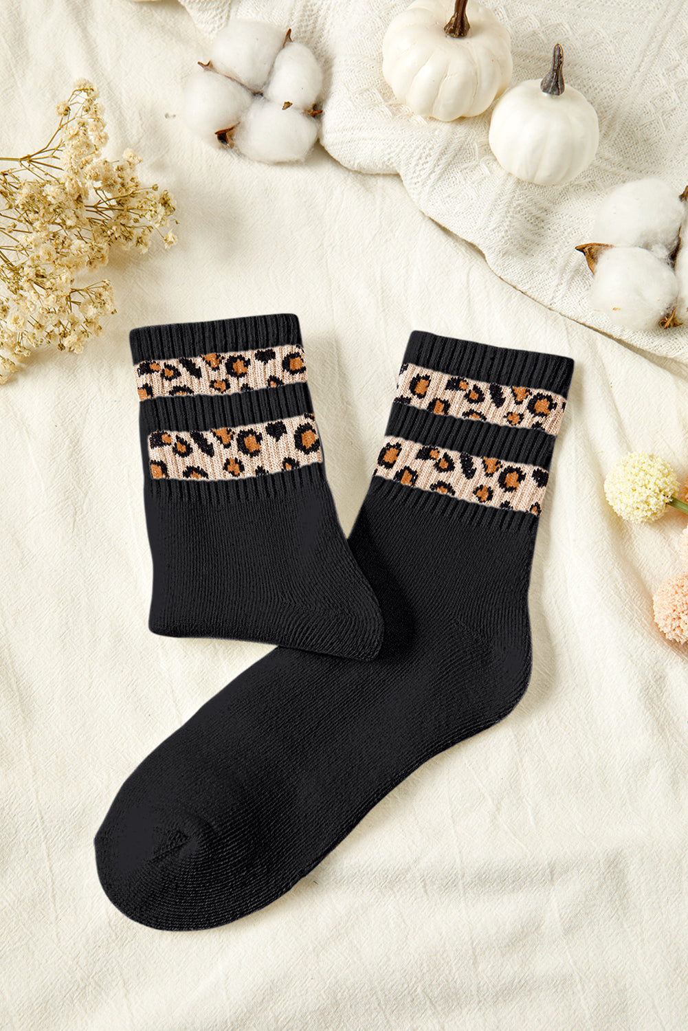 Black Leopard Double Stripe Crew Socks