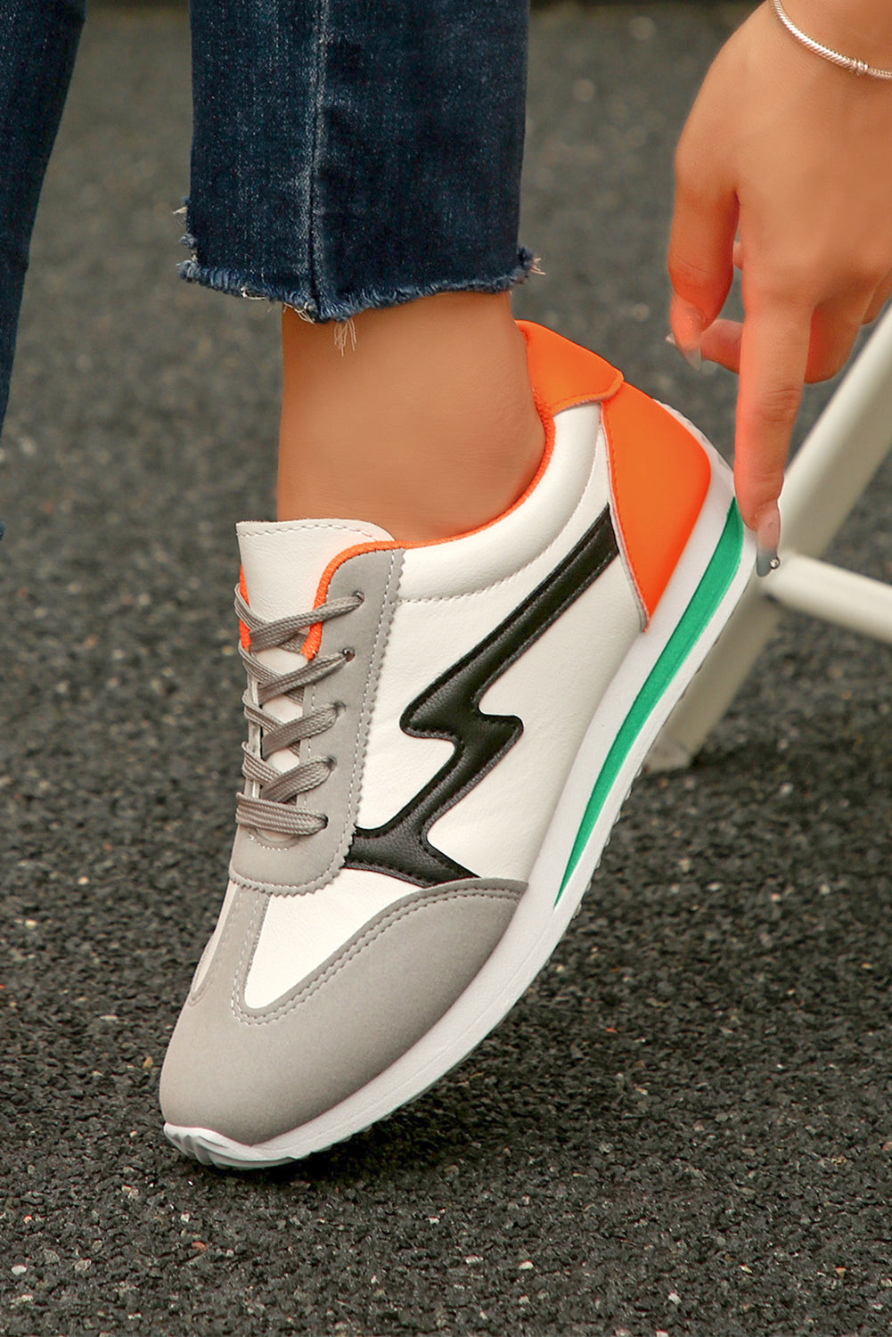 White PU Leather Color Block Patchwork Lace Up Sneakers
