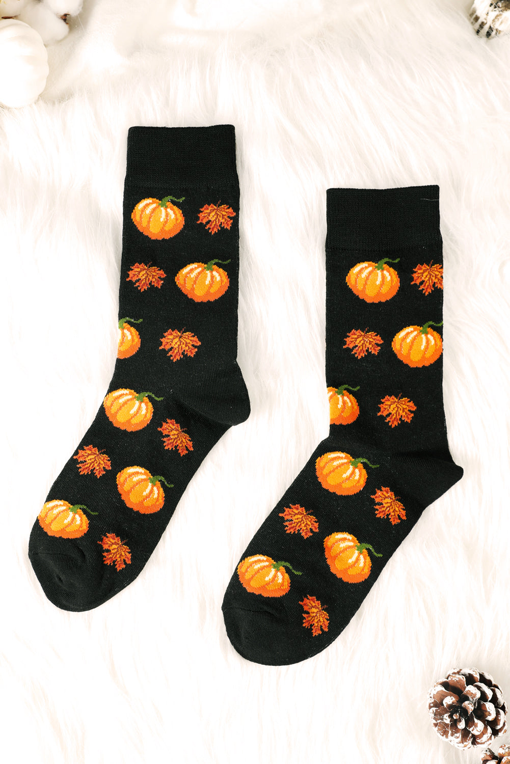 Black Pumpkin & Leaf Fall Pattern Cotton Crew Socks