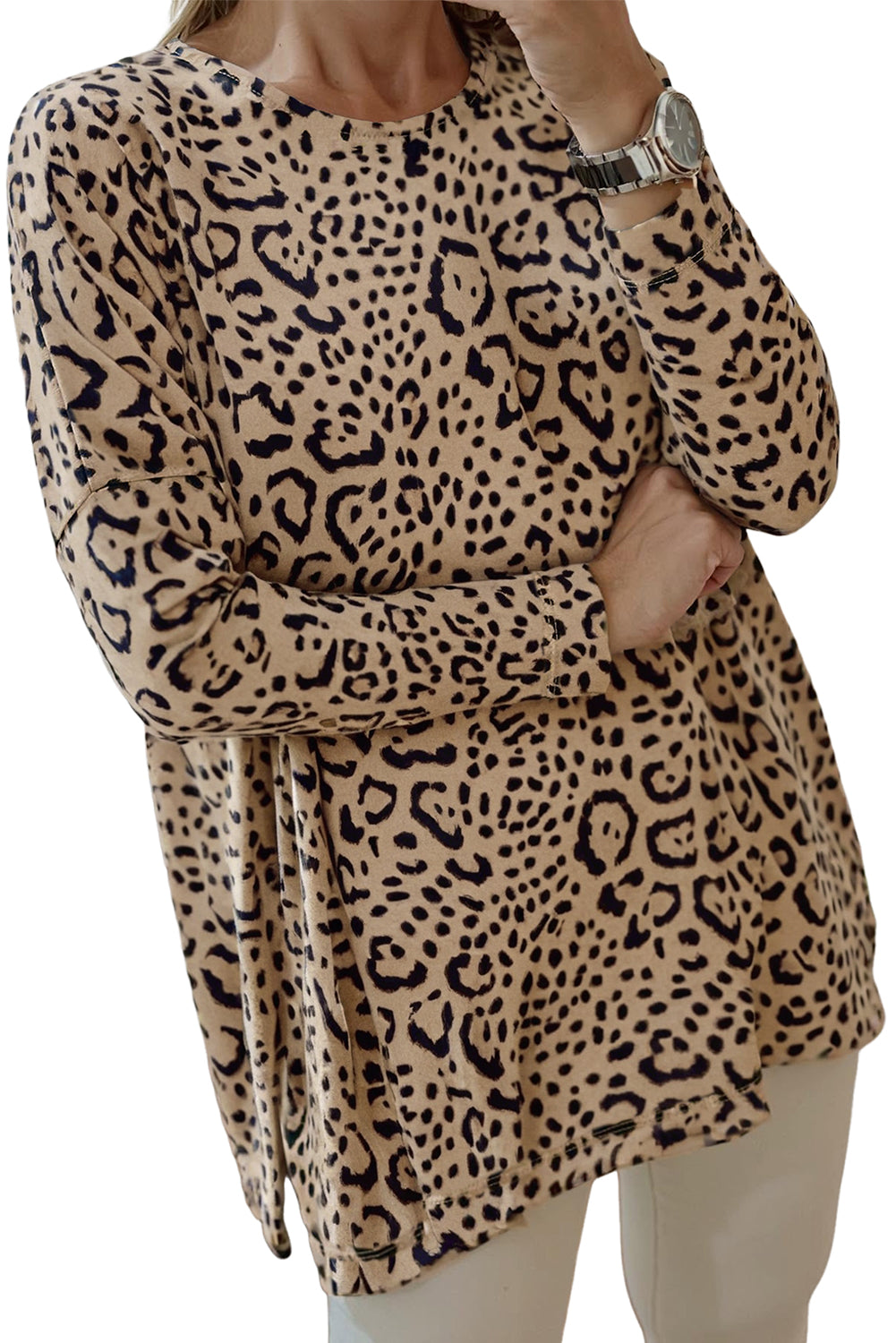 Khaki Leopard Print Long Batwing Sleeve Loose Top
