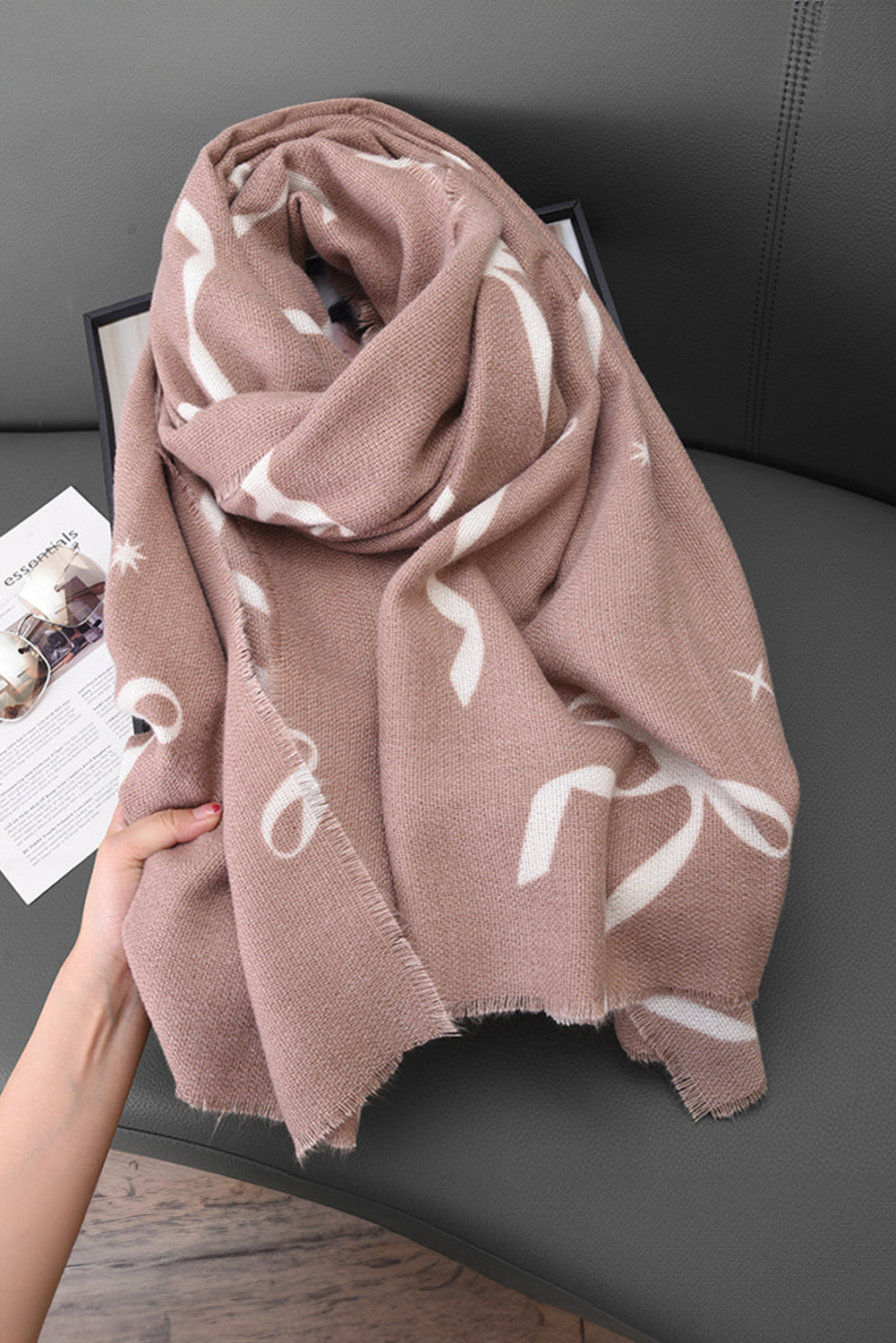 Parchment Bow Star Print Raw Edge Lightweight Scarf