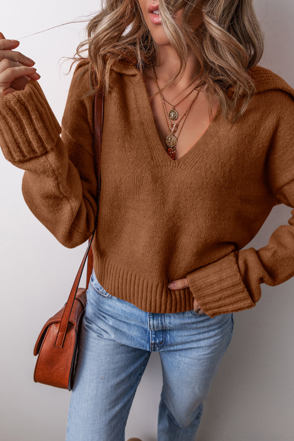 Chestnut Ribbed Edge Collared V Neck Loose Fit Sweater