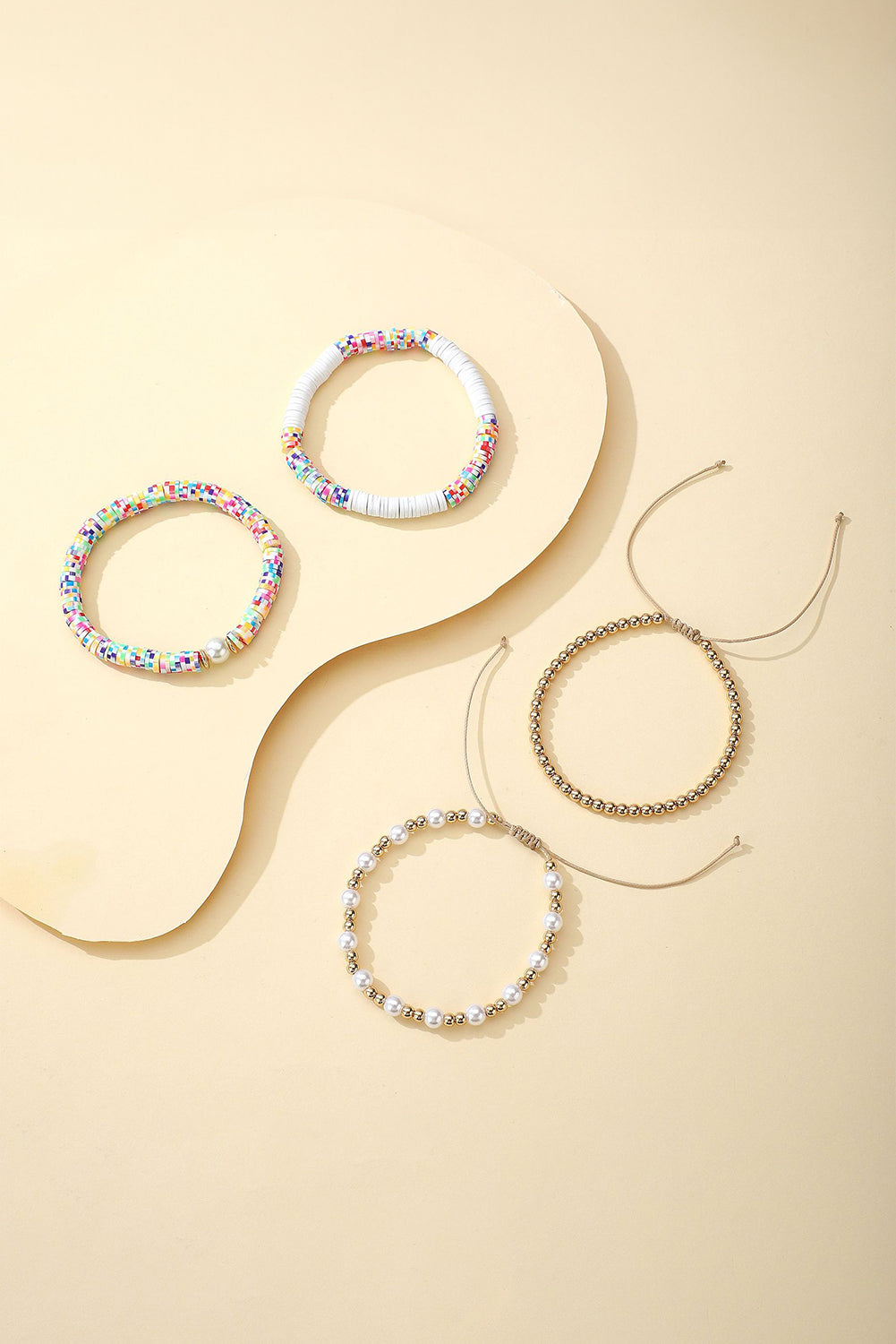 Gold Pearl Colorful Clay Beaded Stackable Bracelet Set